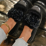 Fur-Trimmed Rhinestone Loafers