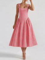 Full Size Plaid Square Neckline Midi Dress Plus Size