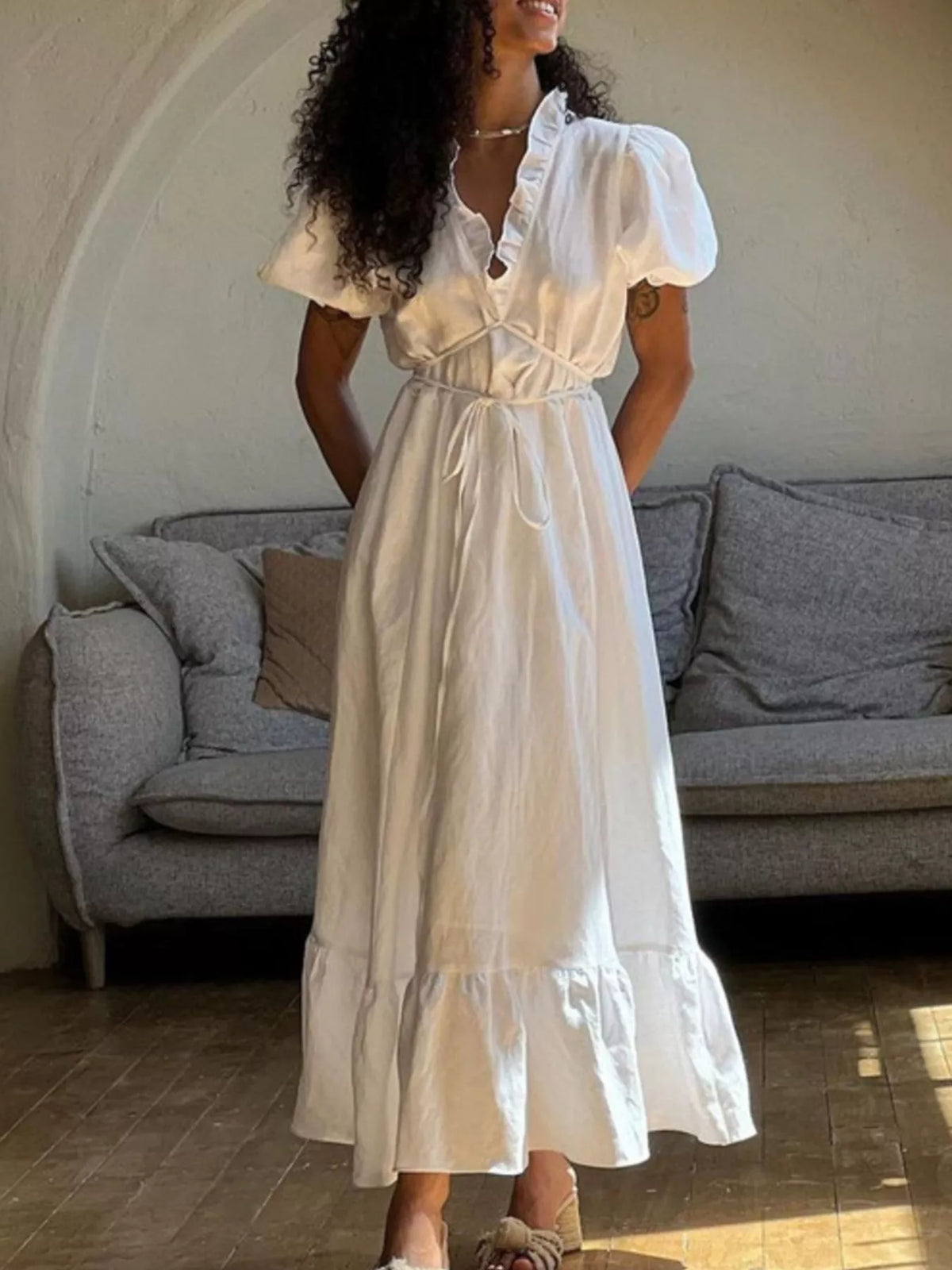 Tie Waist Puff Sleeve Maxi Dress