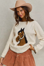 SO ME Horse Knit Sweater Top with Blanket Stitch