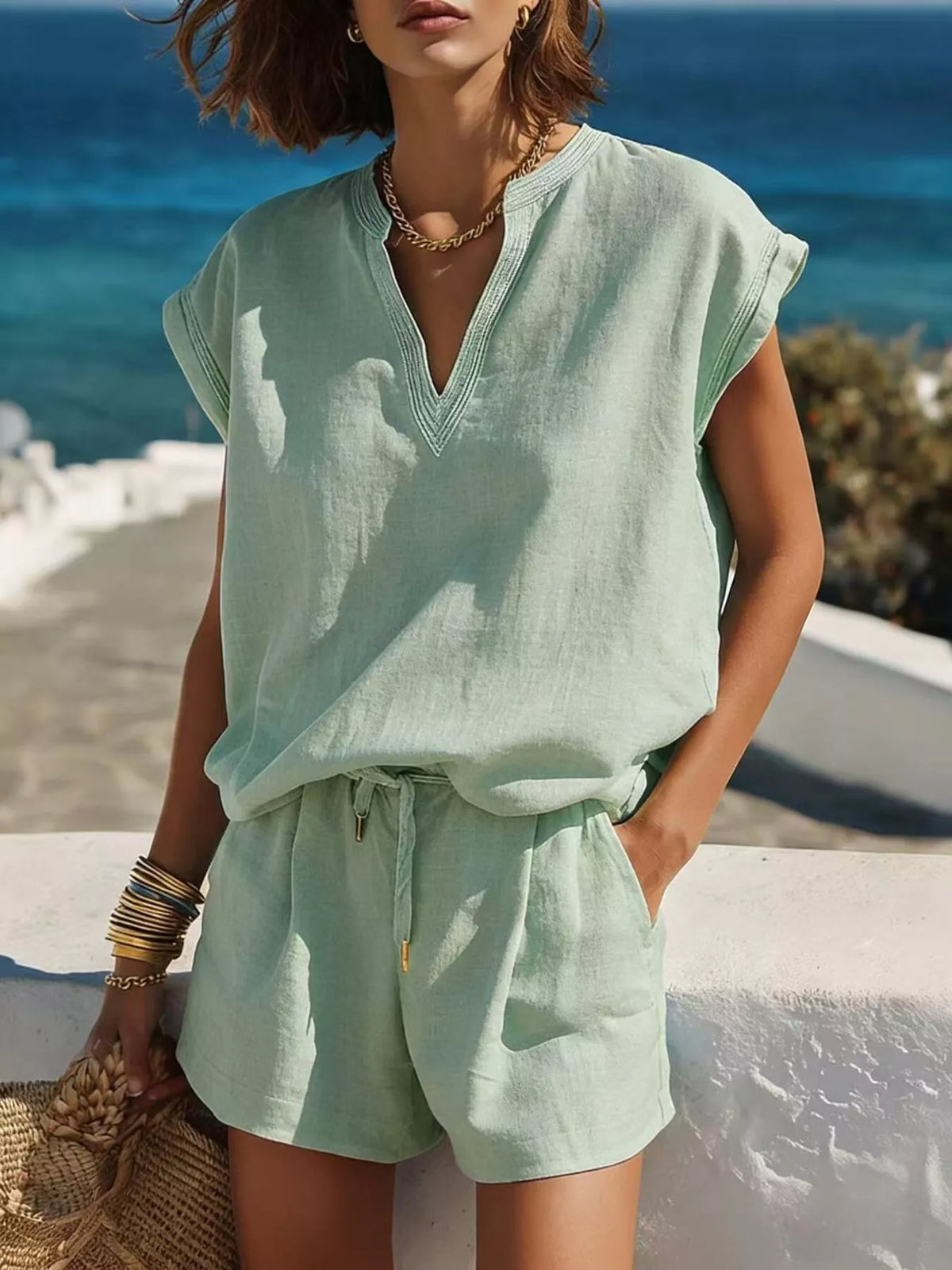 Full Size Notched Cap Sleeve Top and Shorts Set Plus Size