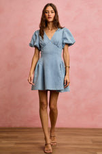 SO ME Bubble Sleeves Denim Fit And Flare Mini Dress