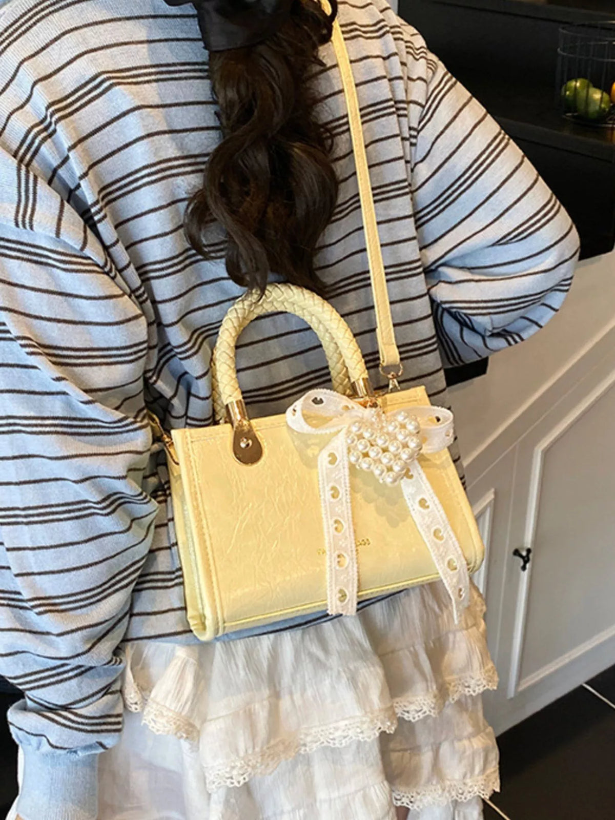 Braided Handle Pearl Decor Crossbody Bag