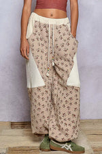 POL Drawstring Quilted Printed Knit Floral Pants with Double Gauze Patchwork