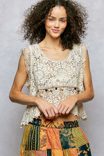 POL Lace Trim Openwork V-Neck Crochet Tank with Scalloped Edge