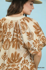 Umgee Mix Printed Puff Sleeve Top with Contrast Trim