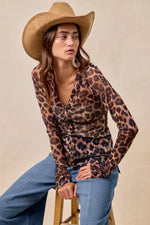 BiBi Leopard Printed Mesh Shirt With Button Up V Neck