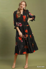 Umgee Floral Print Tiered Midi Dress with Puff Sleeves