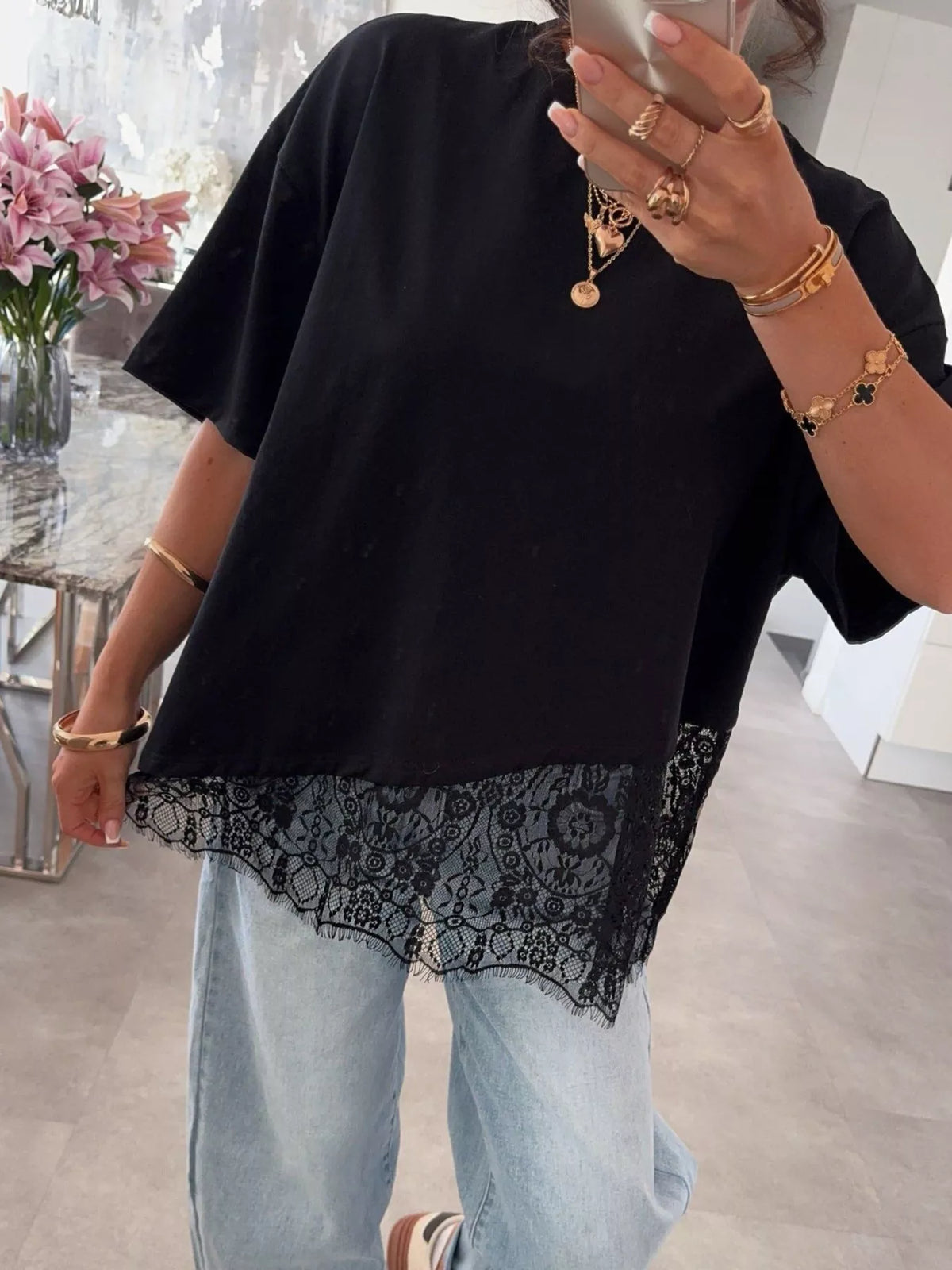 Lace Hem Short Sleeve Top
