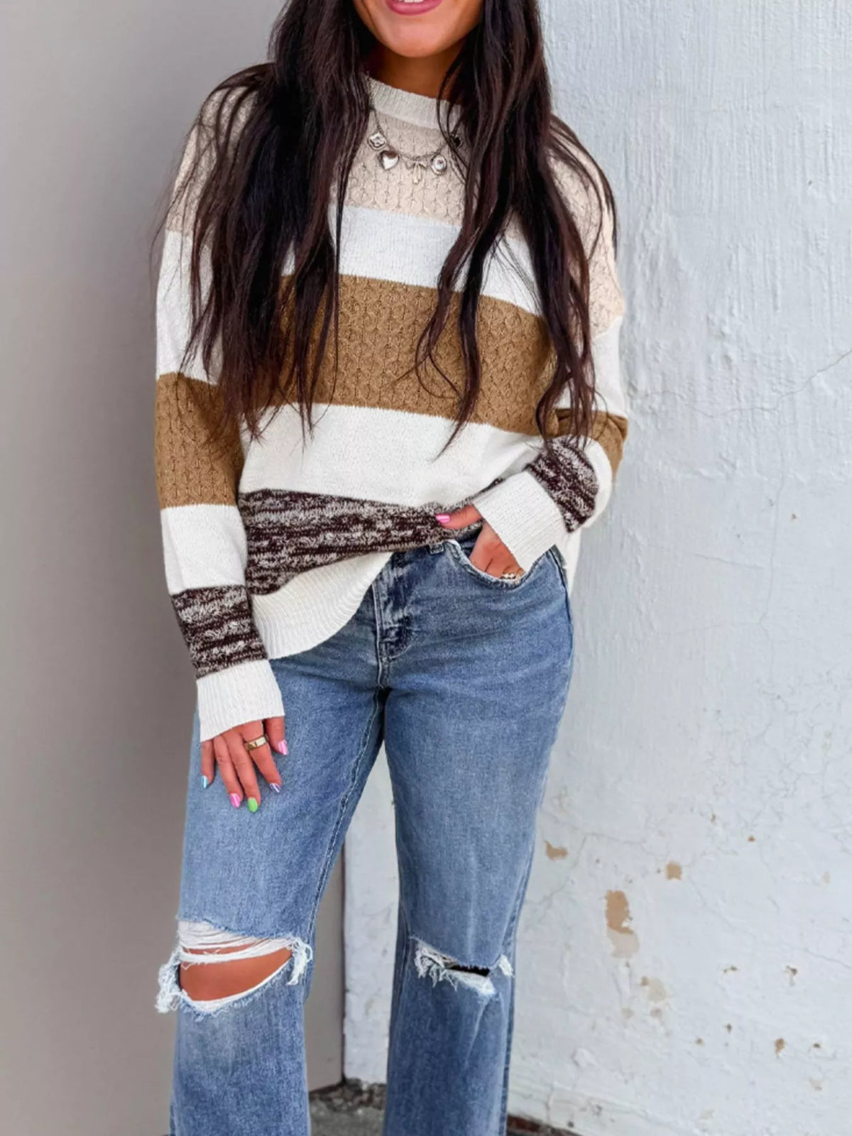 Mixed Texture Knit Striped Color Block Loose Sweater