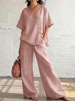 Full Size Surplice Half Sleeve Top and Wide-Leg Pants Set Plus Size