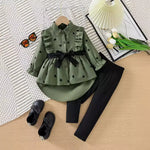 Children's Heart Print Ruffle Trim Shirt & Pants Set with Tie