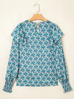 Abstract Print Shirred Cuff Ruffled Puff Sleeve Blouse