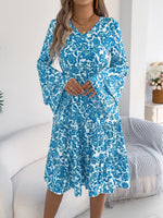 Floral Print Smocked Ruffle Hem Flared Sleeve Dress
