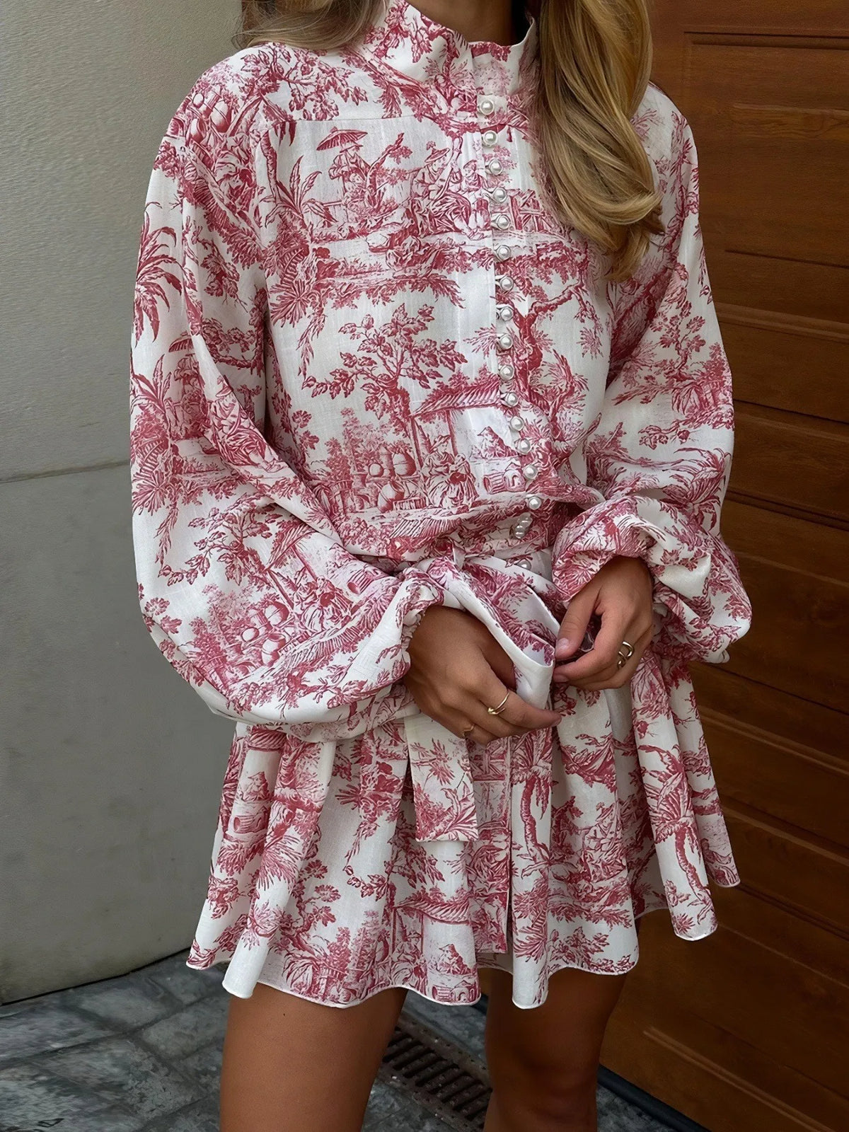 Printed Balloon Sleeve Tie Waist Dress