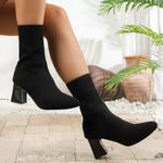 Point Toe Knit Sock Boots with Block Heels