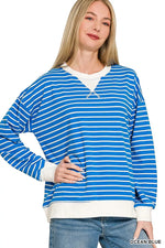 Zenana Contrast Striped Round Neck Sweatshirt