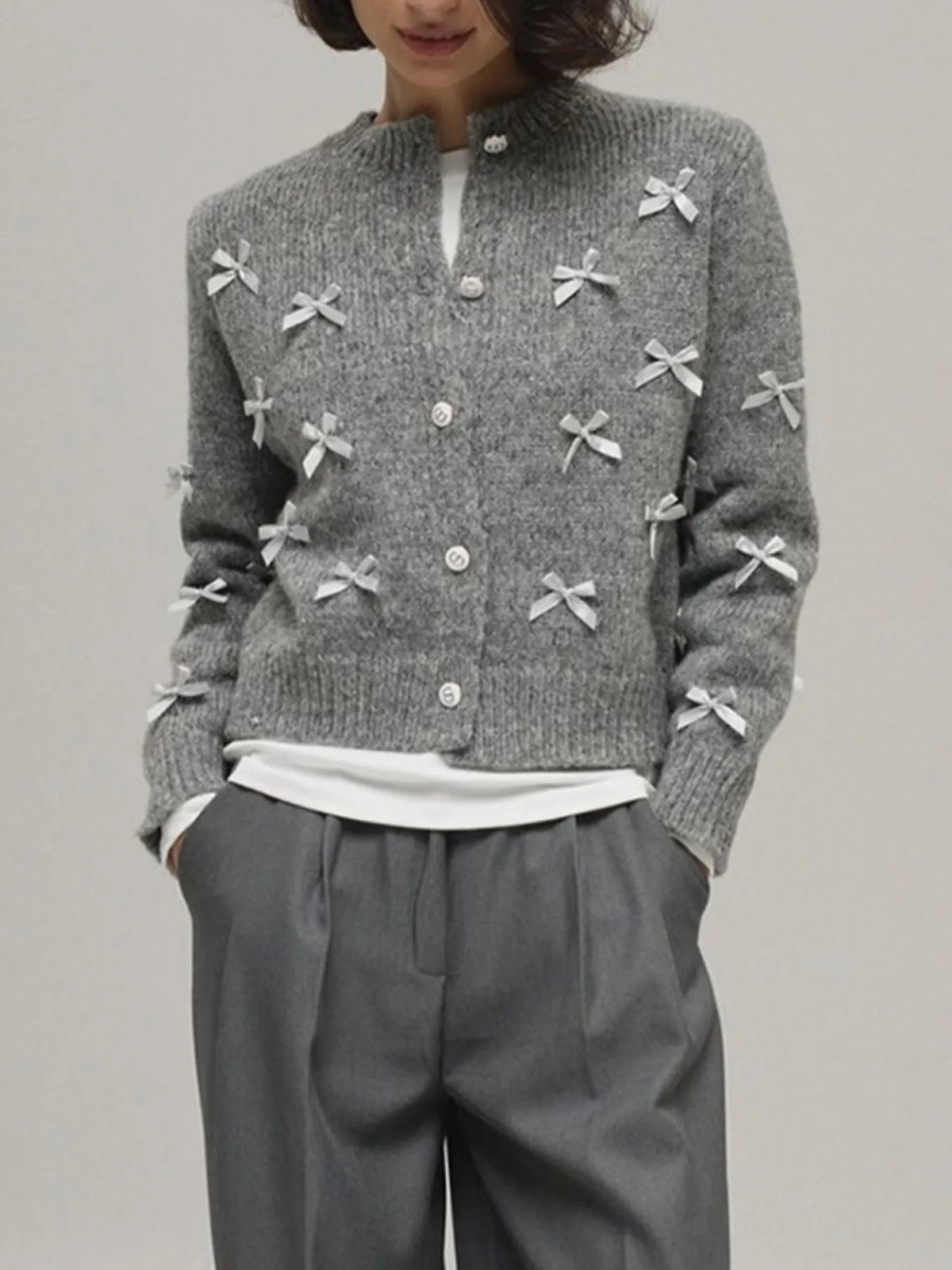 Bow Button Up Long Sleeve Cardigan