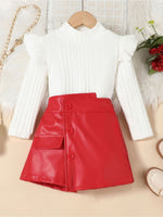 Children's Ribbed Knit Top and Leather Skirt Set
