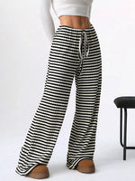 Striped Ribbed Knit Drawstring Waist Wide Leg Pants