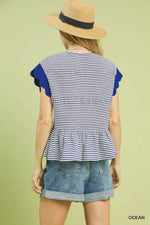 Umgee Stripe Ruffle Sleeve Peplum Top