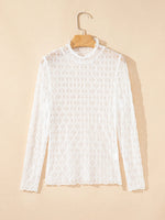 Sheer Mesh Patterned Lettuce Trim Slim Long Sleeve Top
