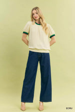 Umgee Puff Sleeve Knit Top with Contrast Rib Trim
