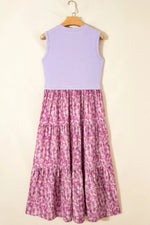Ribbed V Neck Tank Floral Contrast Patchwork Dress