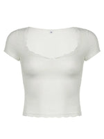 Lace Detail Sweetheart Neck Short Sleeve T-Shirt