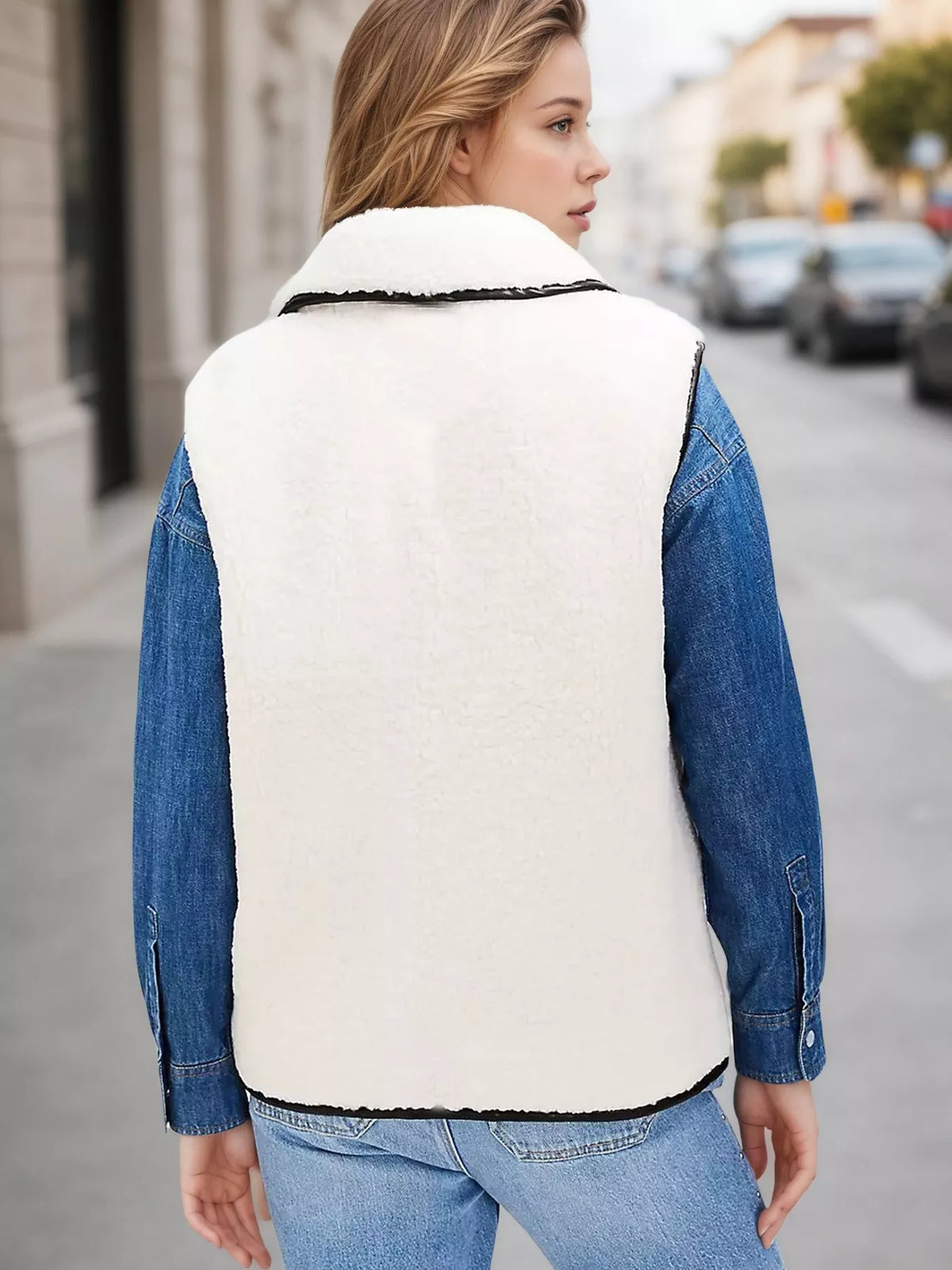 Sherpa Fleece Vest Coat with Contrast Trim