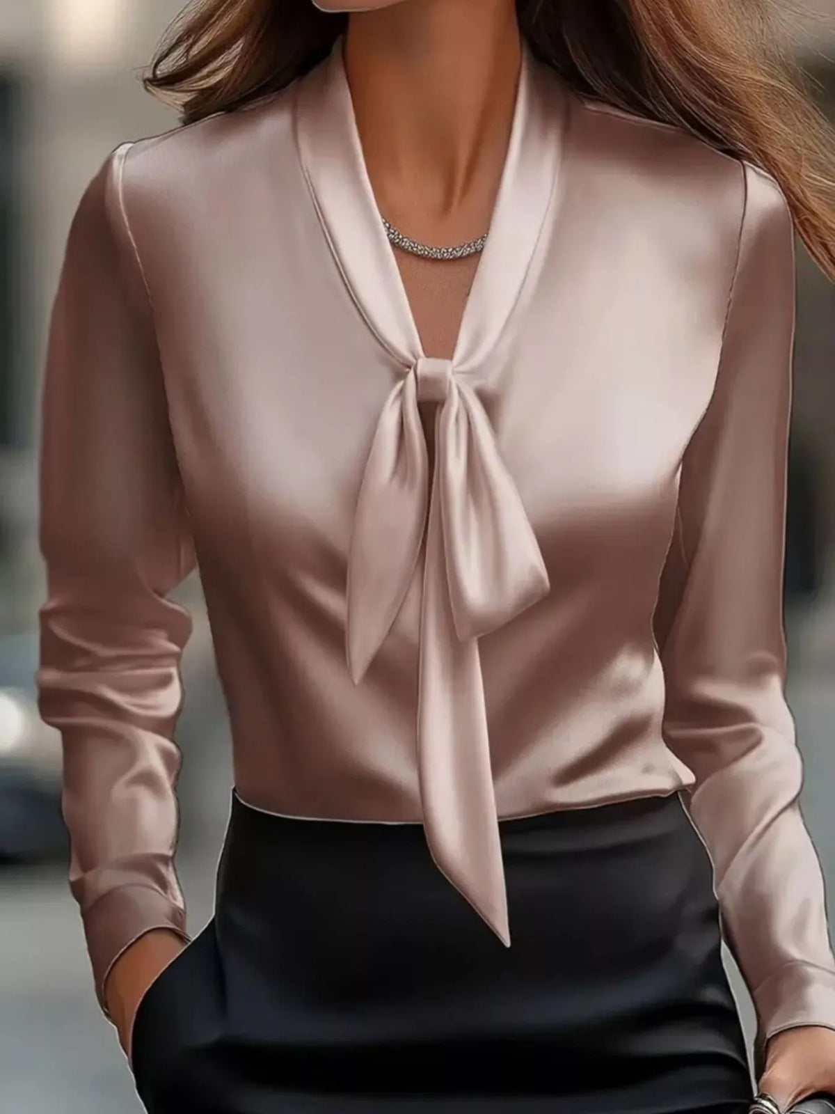 Satin Tie Front Long Sleeve Blouse