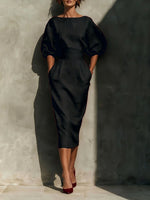 Round Neck Puff Sleeves Midi Dress