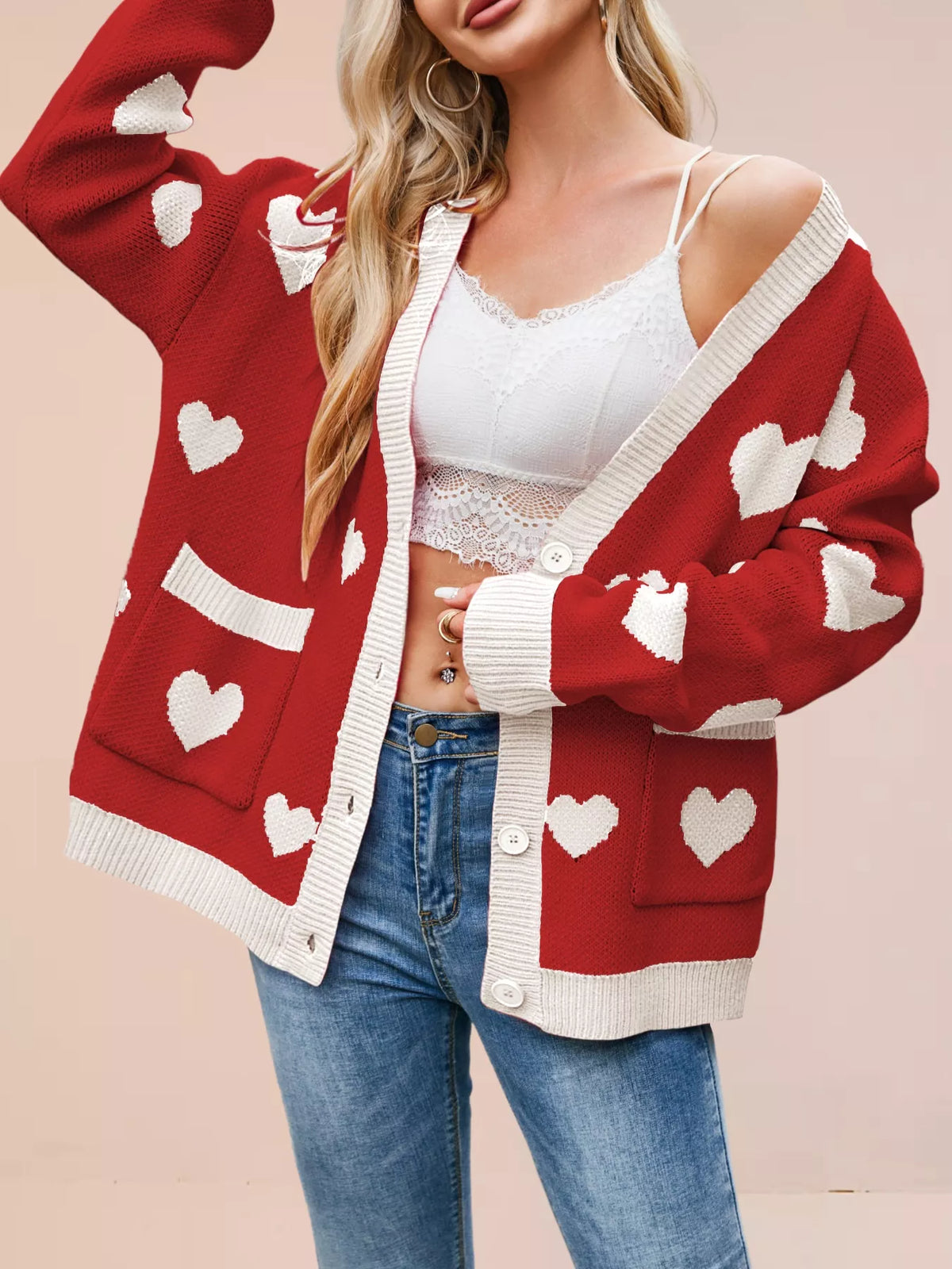 Heart Pattern Button-Up Knit Cardigan