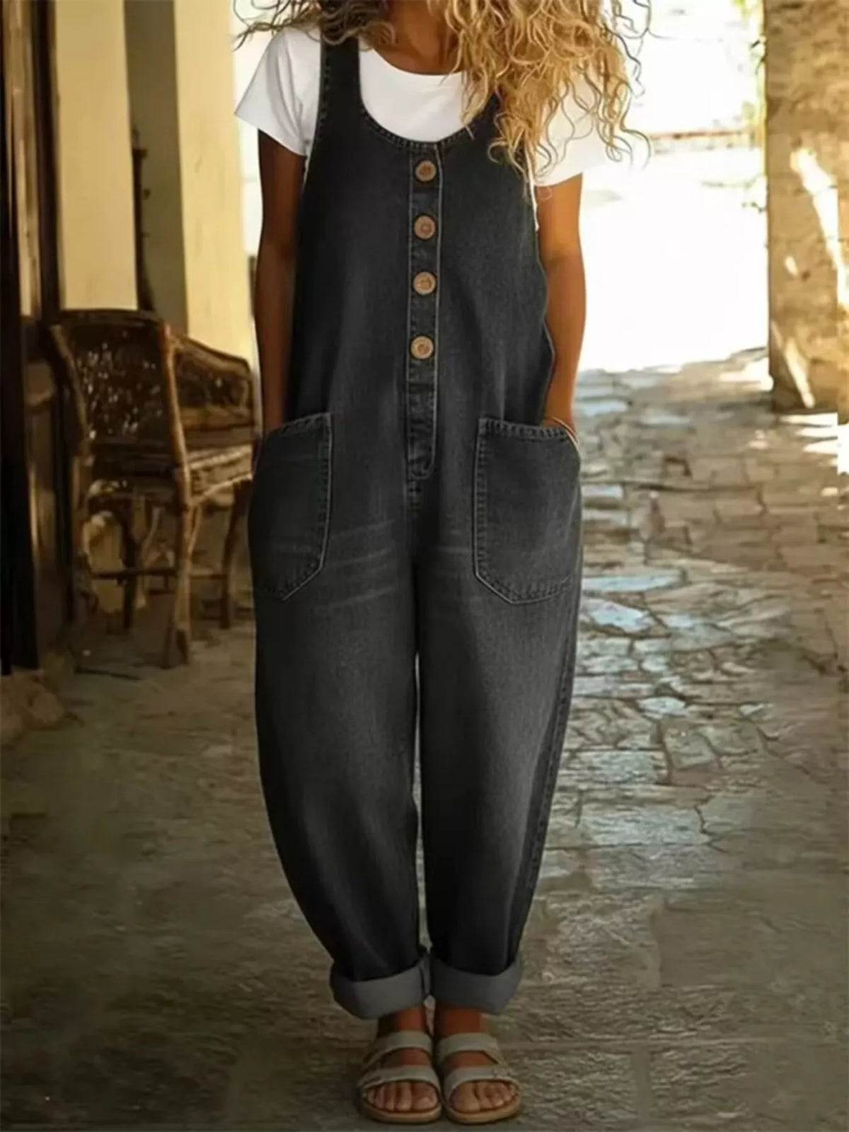 Full Size Button Detail Wide Strap Jumpsuit Plus Size