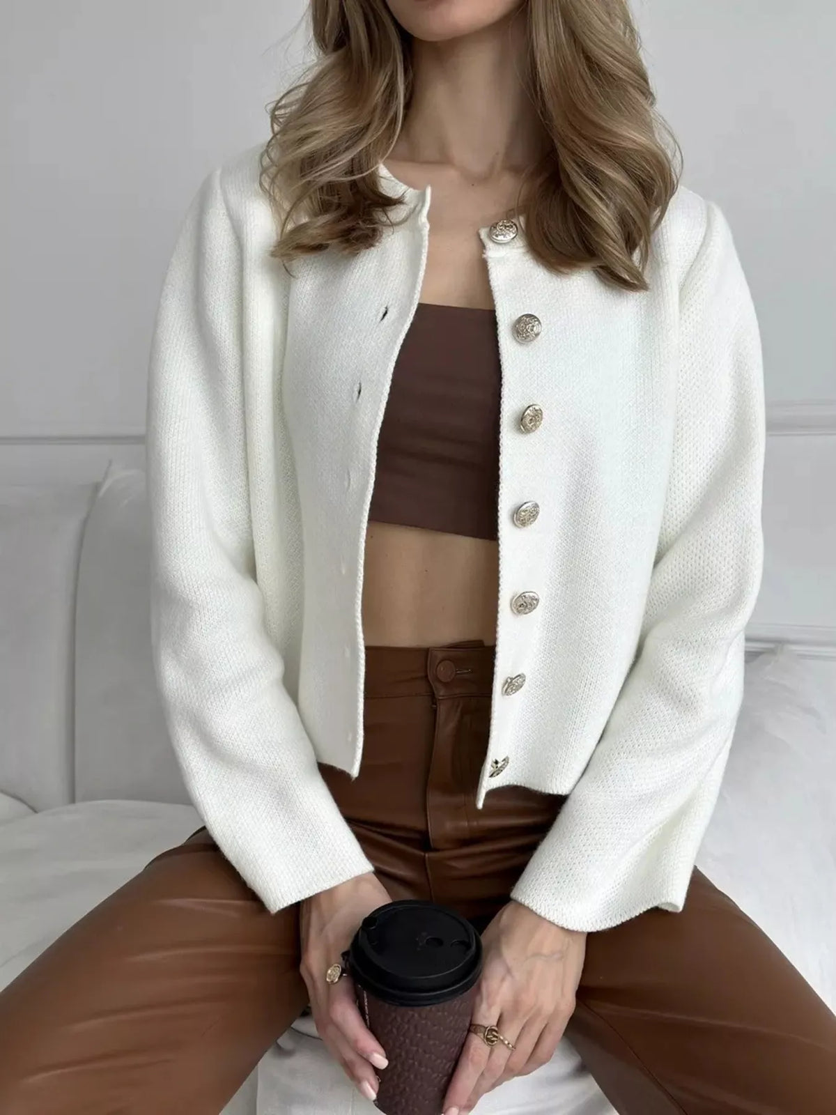 Crew-Neck Button Down Cardigan