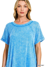 Zenana Washed Ribbed Cuffed Short Sleeve Round Neck Top