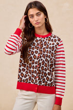 BiBi Leopard With Stripe Combo Buttoned Cardigan