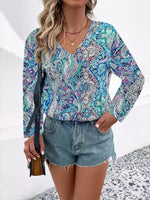 Paisley Print V-Neck Long Sleeve Blouse