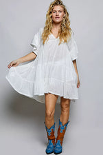 POL Cotton Ruffle Shirred V-Neck Short Sleeve Dress