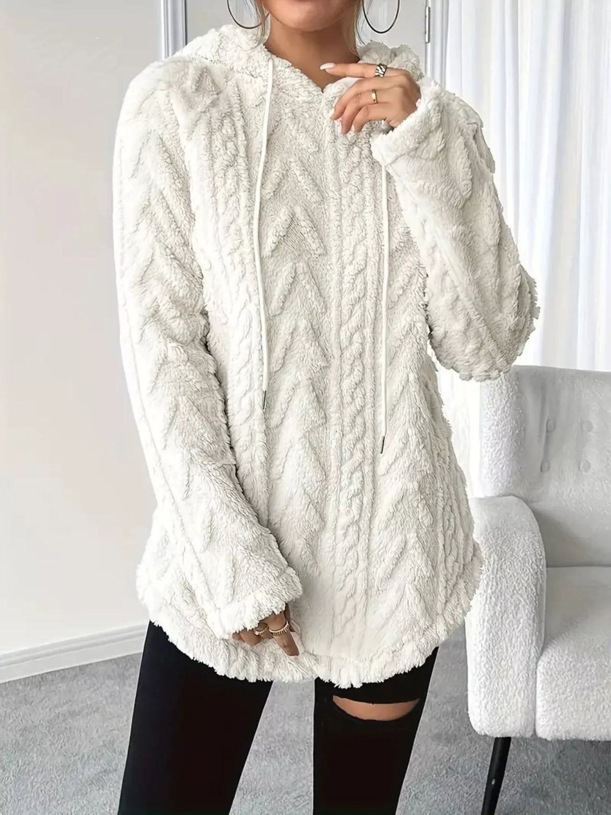 Cozy Textured Drawstring Fleece Hoodie