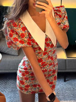 Ruched Floral Print Puff Sleeve Mini Dress