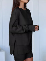 Side Slit Round Neck Long Sleeve Sweatshirt