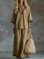 Contrast Trim V-Neck Top and Pants Set