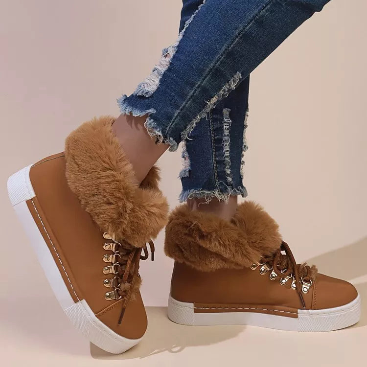 Fuzzy Trim Lace-Up Ankle Boots
