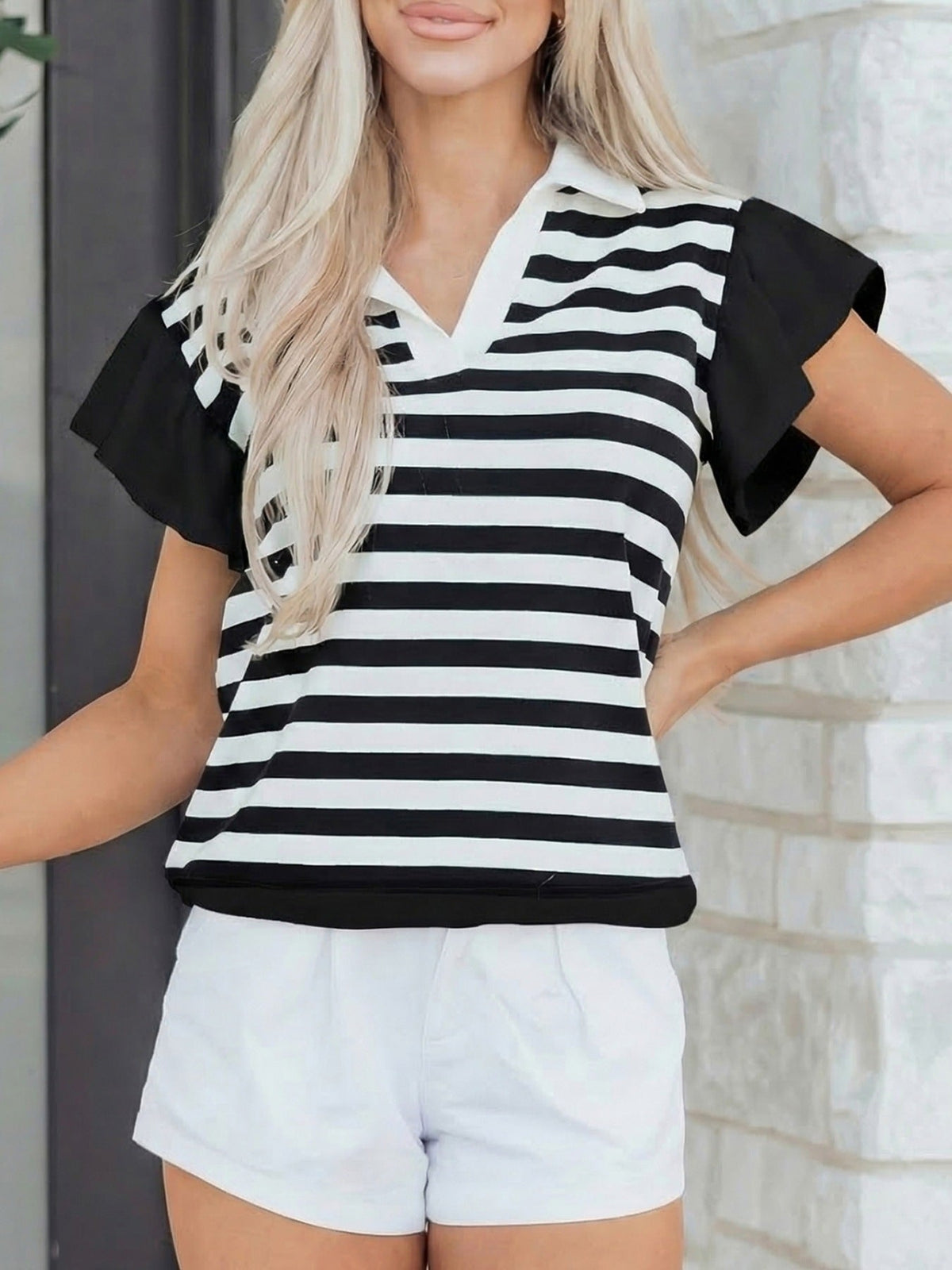 Striped Ruffled Sleeve Blouse