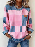 Full Size Plaid Denim Trim Long Sleeve Sweatshirt Plus Size