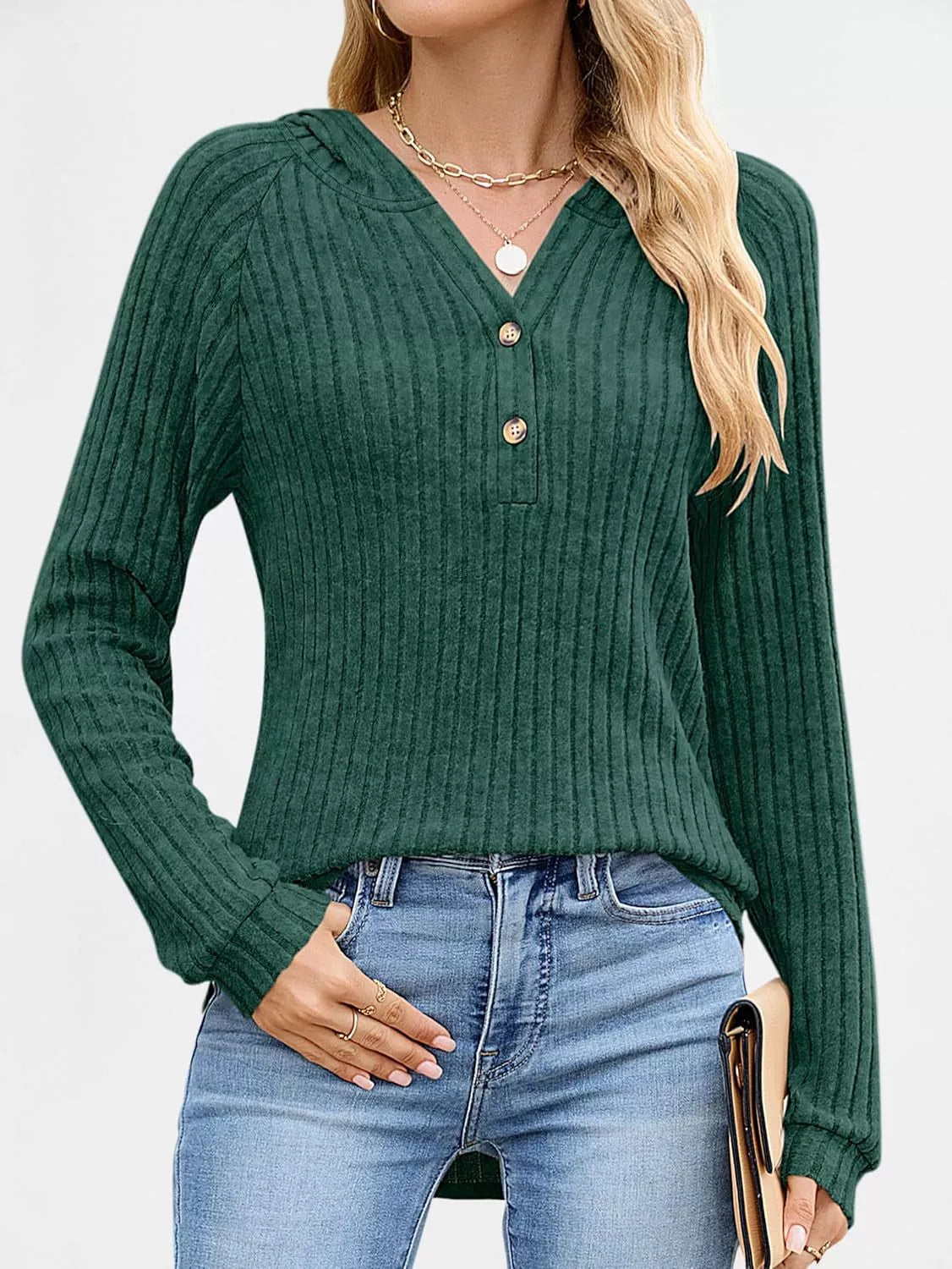Full Size Ribbed Knit Button Detail Hooded Top Plus Size