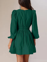 Ruched V-Neck Balloon Sleeve Mini Dress