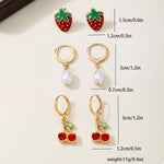 3 Piece 18K Gold-Plated Strawberry Cherry and Pearl Earrings