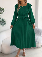 Ruffle Trim Pleated A-Line Midi Dress